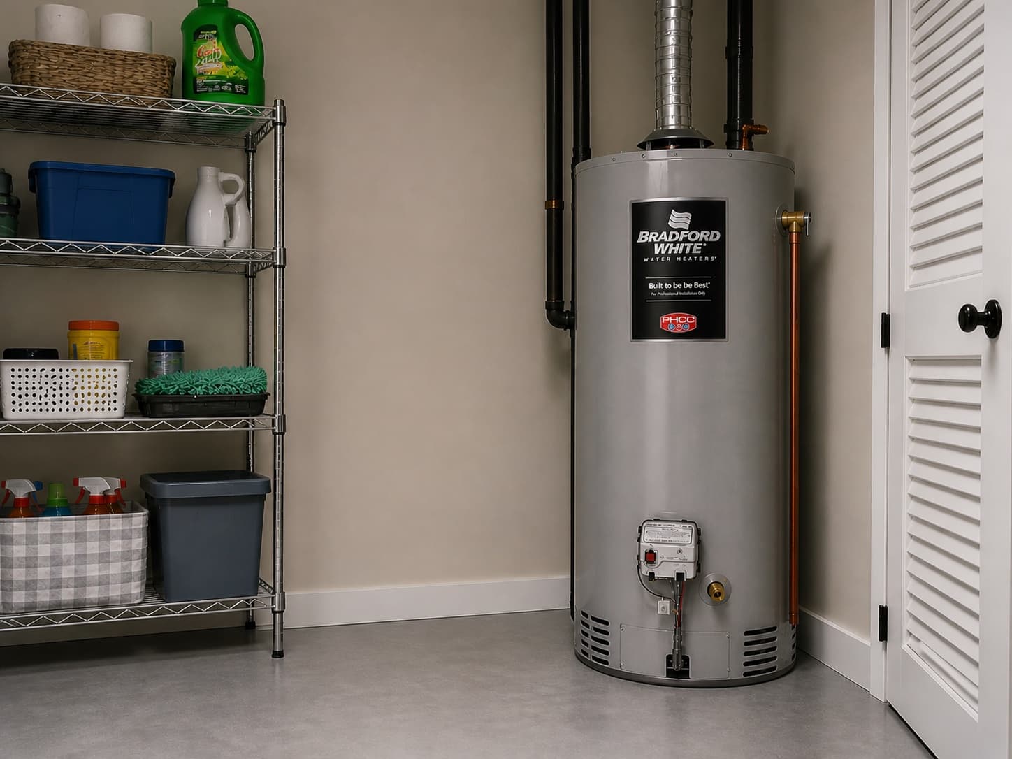 Bradford White gas water heater with atmospheric vent in a residential utility room