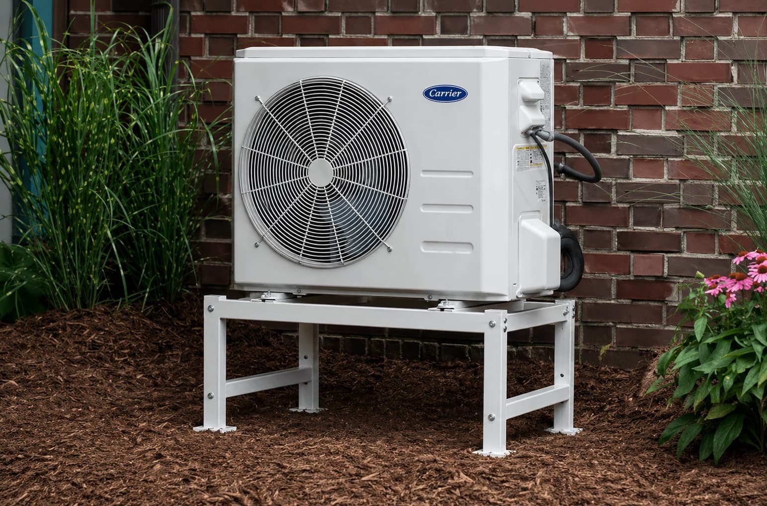 Carrier outdoor heat pump unit on a stand against a brick wall